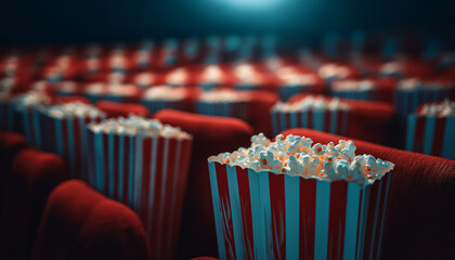 Popcorn in a cinema as an concept of watching movies in cinema. Cinematographic background.