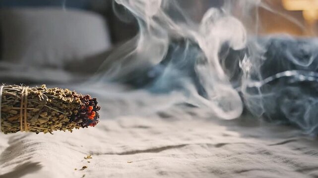 Burning herb bundle with curling smoke on a textured surface, blurred background