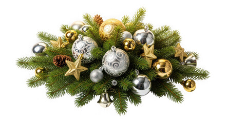 Christmas centerpiece with ornaments and pine needles festive holiday decoration isolated on transparent background