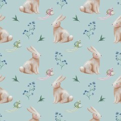 Pastel watercolor Seamless Easter Bunny Pattern with Spring Flowers Illustration on mint color background 