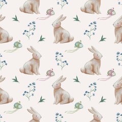 Pastel watercolor Seamless Easter Bunny Pattern with Spring Flowers Illustration on pink background 