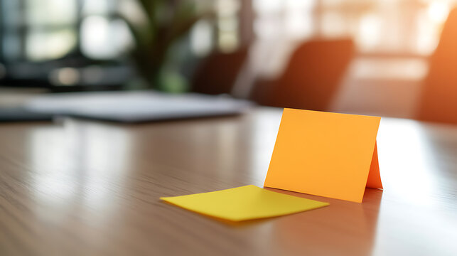Two adhesive notes on a wooden office desk, one vibrant orange and folded in a tent shape, the other a flat yellow, bathed in sunlight, embodying organization and planning.