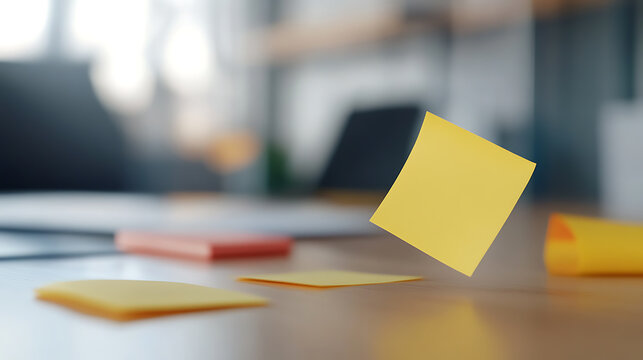 A workspace scene featuring floating yellow notes against a blurred backdrop, blending creativity with functionality, perfect for project brainstorming or reminders.