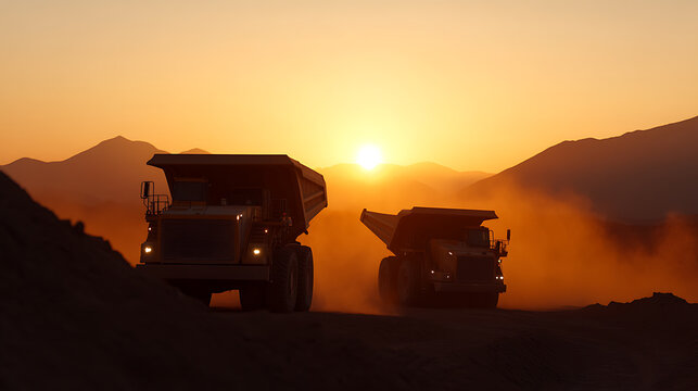 Two massive dump trucks navigate a dusty terrain at sunset. Silhouetted against the horizon, their presence signifies industrial power and the relentless pursuit of resources.