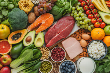 Balanced diet concept – healthy food ingredients including meat, fish, fruits, vegetables, grains and dairy