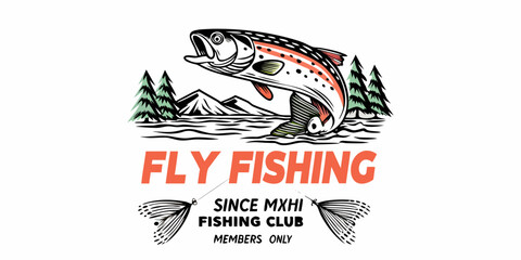 Obraz premium Retro style fly fishing emblem featuring a leaping trout mountains trees and water