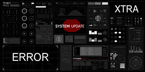 Futuristic digital interface displaying system update and error messages with graphs and data