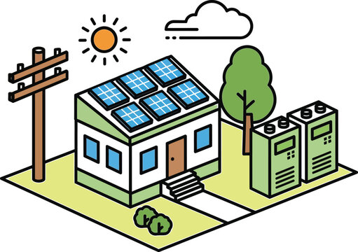 Eco-friendly house with solar panels and battery storage system on a sunny day.