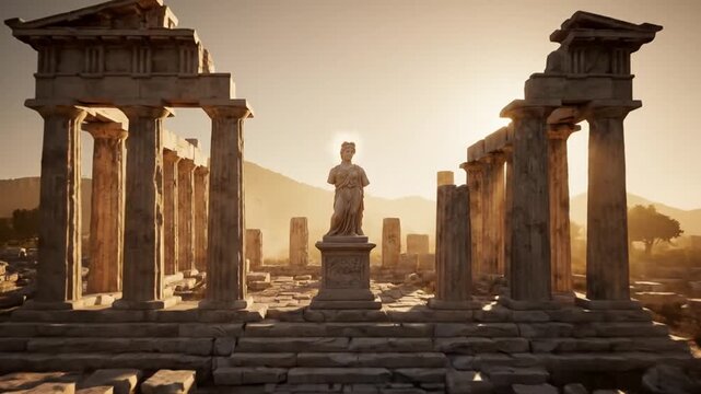 Ancient greek statue in ruins with dramatic sunlight historical structure weathered textures historical art