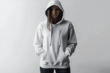 young woman in a hoodie on gray background 