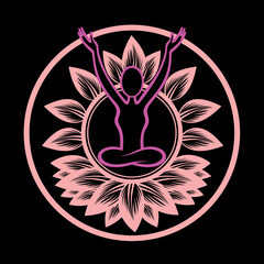 Silhouette of a girl doing yoga with flowers. Meditation silhouette, Yoga icon template color editable. Yoga symbol vector sign. Silhouette of a girl doing yoga with flowers on black background. Greet