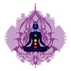 Silhouette of a girl doing yoga with flowers on white background. Meditation silhouette, Yoga icon template color editable. Yoga symbol vector sign. Greeting card.