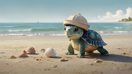 Obraz premium ​Adorable Baby Sea Turtle Character Wearing a Hat on a Sunny Beach with copy space 