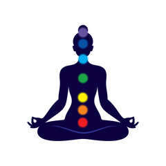 Silhouette of a girl doing yoga with flowers on white background. Meditation silhouette, Yoga icon template color editable. Yoga symbol vector sign. Greeting card.