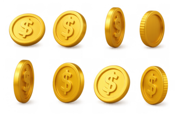 Golden dollar coins moving set, 3d rendering currency animation with transparent background for finance and business concepts