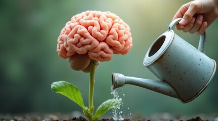 Human brain growing from a flower, watering can is pouring water on the mind, mental health concept, positive attitude, creative thinking