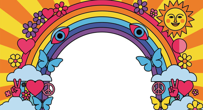 Psychedelic rainbow pattern with retro symbols against a vibrant starburst background.
