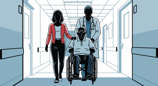 Caring doctor and supportive family member assist elderly man in wheelchair down hospital corridor