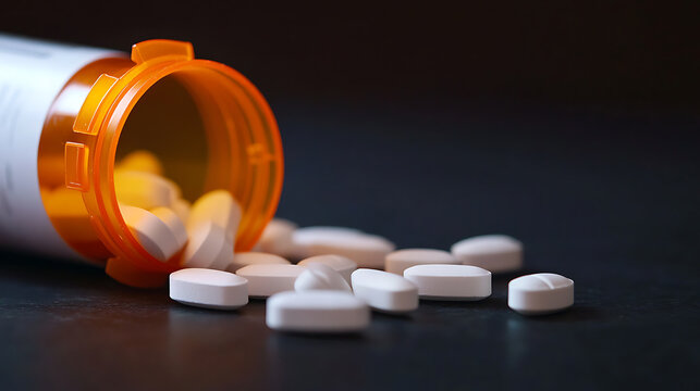 Medicine pills spilling out of an orange pill bottle. Focus is on medication capsules. Healthcare and pharmacy concepts. Prevention and management of illness. Treatment for pain.