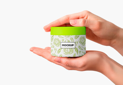 Cosmetic Jar Mockup Held by Female Hands