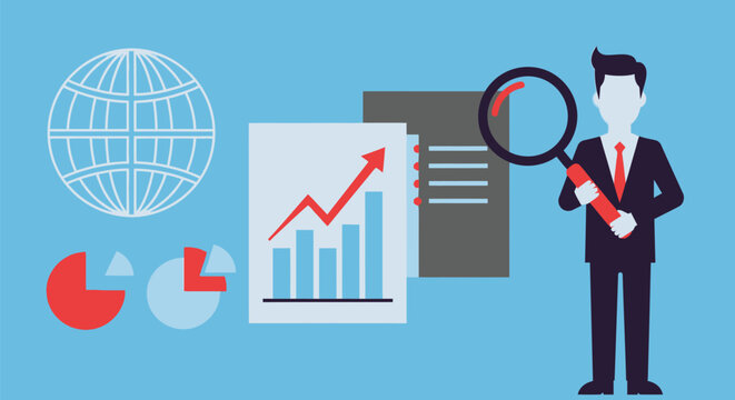 Businessman holding a magnifying glass studies global financial data against blue background.