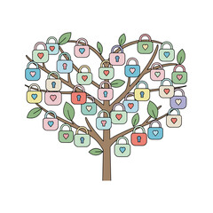 Tree with colorful heart-shaped locks and green leaves  