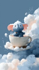A whimsical image of a baby elephant inside a teacup floating in the clouds