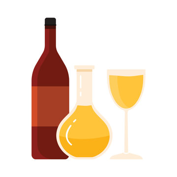 Traditional Ethiopian honey wine bottle, glass, and flask on white background, isolated vector illustration