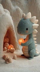 A Cute Dinosaur Holding a Glowing Orb in a Desert Setting