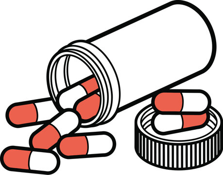 Pills spilling from a white bottle onto its cap, symbolizing medication and health.