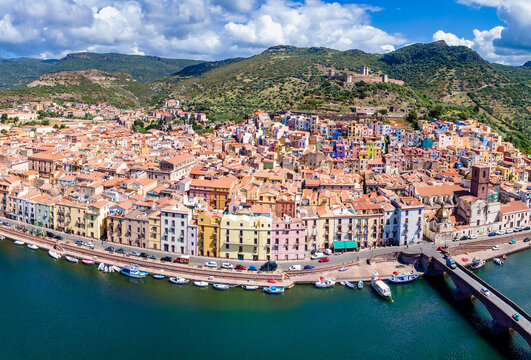 Views of Bosa town from and Temo river, Sardinia