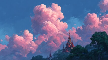 An ethereal pink cloudscape above a silhouette castle, evoke a sense of dreams and fantasy. The sky is full of dreamy pink cloud and dark trees