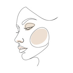 Elegant line art of a woman's face in profile with neutral color accents isolated on white background