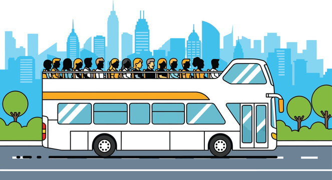 Double decker bus carrying passengers drives through a city landscape in a flat graphical style for travel and tourism banner.