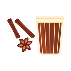 Traditional Indian masala chai with cinnamon and star anise on white isolated background vector illustration