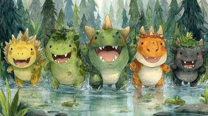 A group of cartoon dinosaur characters in a forest setting with a lake. The group includes five distinct dinosaurs with different appearances, with trees and a lake in the background