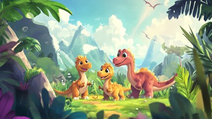 Three happy cartoon dinosaurs stand in a bright, colorful prehistoric landscape