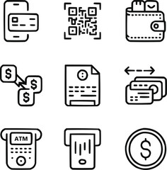 Digital Payment and Money Transfer Outline Icons Set Online Wallet, QR Code, and Mobile Banking