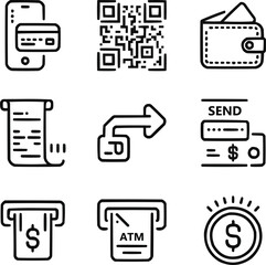 Digital Payment and Money Transfer Outline Icons Set Online Wallet, QR Code, and Mobile Banking