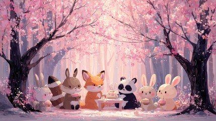 A cute group of animals enjoying a tea party under blooming cherry trees in a forest. The scene evokes feelings of spring and tranquility