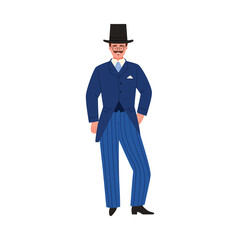 Elegant Victorian man in blue suit and top hat standing isolated on white background vector illustration