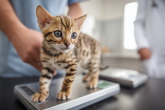 A Bengal kitten stands on a modern veterinary scale while a veterinarian conducts a health check, symbolizing professional pet care and wellness. 