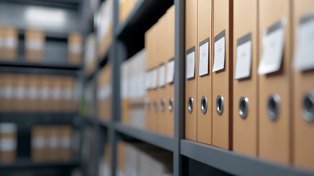 Archives stacked on shelves in a storage room. The office files are organized for document retention. The old documents are kept for future reference. Archive room, record keeping. - Powered by Adobe