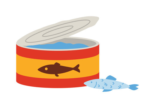 Open can of Swedish surstr&ouml;mming with fish on white isolated background vector illustration