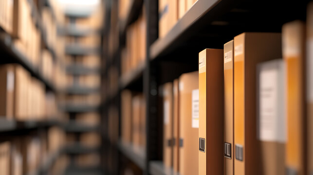 Rows of file folders fill shelves, creating a maze of documentation. Organization and archiving in focus. The repetitive pattern of boxes illustrates storage capacity.