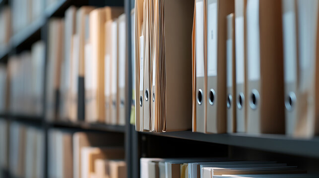 Organized rows of file folders on a shelf offer a view into office record-keeping. The neutral tones create a sense of order and reliability. The details evoke precision.