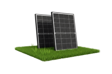 Two solar panels standing on a patch of green grass against a black background