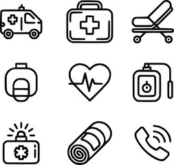 Emergency and Ambulance Line Icon Collection First Aid, Rescue, and Medical Help