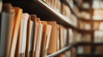 Rows of file folders fill the shelves in an organized archive. The warm lighting creates a sense of order and accessibility in the records management system.