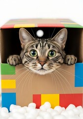 Curious Cat Peeking from Colorful Box Ready to Deliver Joy and Surprise for your Brand's Campaign
